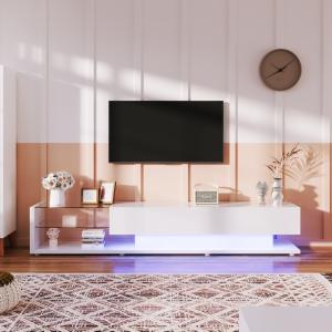 Mobile TV bianco lucido con pavimenti in vetro e illuminazi…