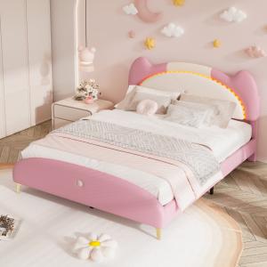 Letto imbottito con strisce LED e doghe in legno, senza mat…