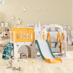 Scivolo per bambini 7-in-1 con altalena, piattaforma, armad…