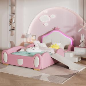 Letto Cartoon Crown con striscia LED, scivolo e scala, senz…