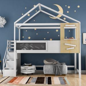 Letto per bambini a forma di casa con scala e finestra, sen…