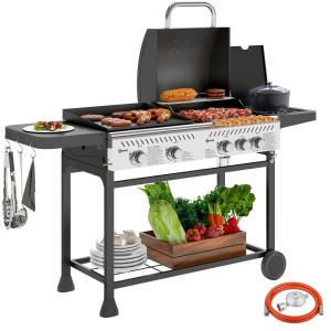 Outsunny Barbecue a Gas con Piastra e Fornello, Coperchio c…
